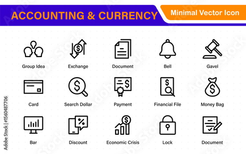 Set of line icons related to accounting, audit, and taxes. Outline icon collection. Business symbols.Income set. Containing money, tax, earnings, payment, paycheck, work, pension, and wages icons.