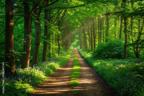 Serene Forest Path with Lush Green Foliage and Sunlight Rays