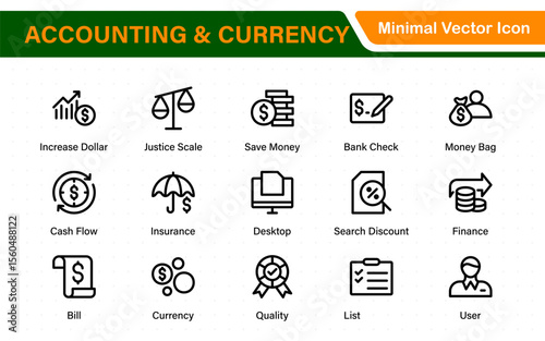 Set of line icons related to accounting, audit, and taxes. Outline icon collection. Business symbols.Income set. Containing money, tax, earnings, payment, paycheck, work, pension, and wages icons.