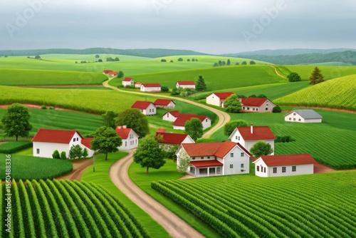 Scenic Rural Landscape with Charming Houses and Green Fields