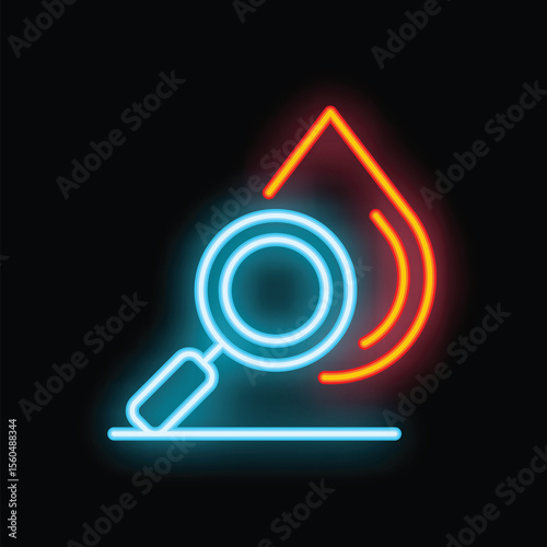 Neon sign of a magnifying glass examining a drop of blood, symbolizing medical research or forensic investigation