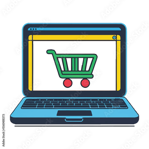 Vector art of a green shopping cart icon is displayed on a blue laptop screen, isolated on white background