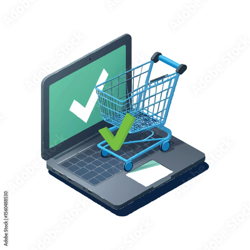 Vector art of an isometric illustration of a laptop with a blue shopping cart and green check marks isolated on white background