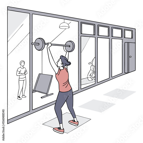 A woman lifting a barbell overhead in a gym with a man observing and exercise equipment visible inside