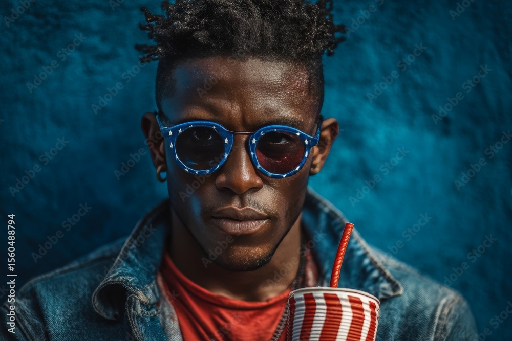 Obraz premium Man with patriotic sunglasses celebrating 4th july