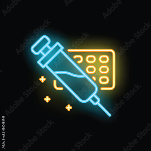 Glowing neon icon of a syringe and pills representing medical treatment