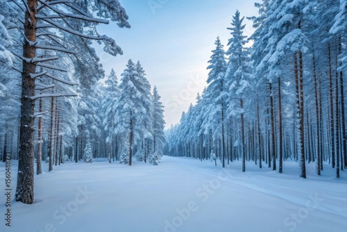Serene Winter Landscape with Snow-Covered Trees in Forest