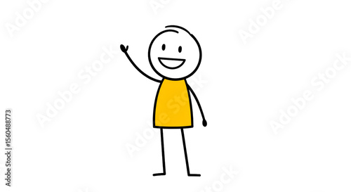 Stick figure illustration waving hand yellow shirt simple design cartoon character cheerful and happy drawing on transparent background