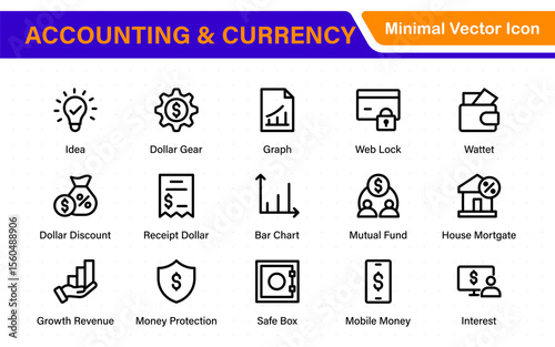 Set of line icons related to accounting, audit, and taxes. Outline icon collection. Business symbols.Income set. Containing money, tax, earnings, payment, paycheck, work, pension, and wages icons.