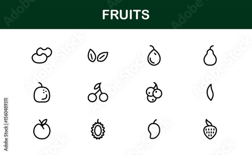 Fruits Line Icon Pack, Modern Collection. Fresh fruit line icon pack featuring modern, minimal, and professional outline symbols of popular fruits in a clean vector design style.