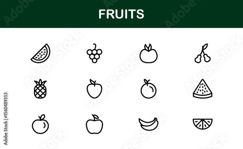 Fruits Line Icon Pack, Modern Collection. Fresh fruit line icon pack featuring modern, minimal, and professional outline symbols of popular fruits in a clean vector design style.