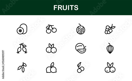 Fruits Line Icon Pack, Modern Collection. Fresh fruit line icon pack featuring modern, minimal, and professional outline symbols of popular fruits in a clean vector design style.