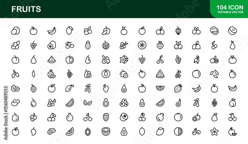 Fruits Line Icon Pack, Modern Collection. Fresh fruit line icon pack featuring modern, minimal, and professional outline symbols of popular fruits in a clean vector design style.