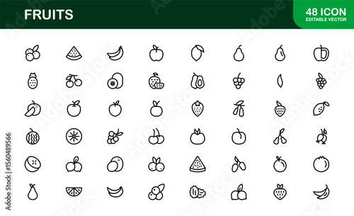 Fruits Line Icon Pack, Modern Collection. Fresh fruit line icon pack featuring modern, minimal, and professional outline symbols of popular fruits in a clean vector design style.
