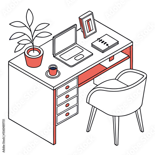 Isometric view of a desk with laptop, plant, picture frame, notebook, coffee cup and a chair arranged