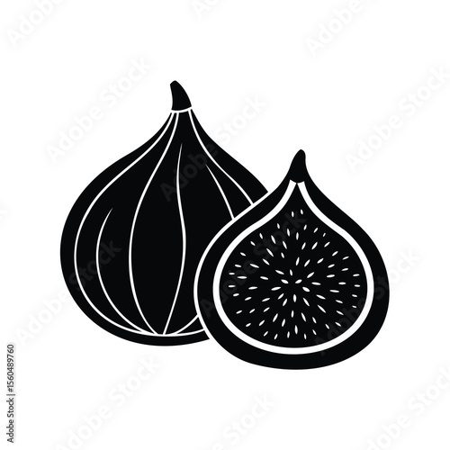 Striking black and white fig illustration featuring a halved fruit detail