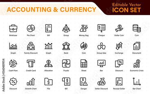 Set of line icons related to accounting, audit, and taxes. Outline icon collection. Business symbols.Income set. Containing money, tax, earnings, payment, paycheck, work, pension, and wages icons.