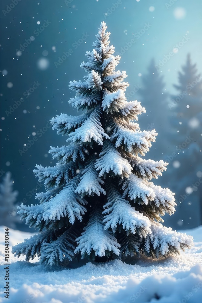 Obraz premium Frosted Christmas Tree in Snowy Winter Landscape A Picturesque Scene of Frozen Branches and Icy Shimmer
