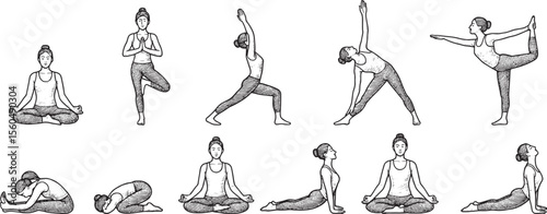 A series of 10 black-and-white yoga poses showcasing various asanas for flexibility and balance, ideal for beginners and advanced practitioners