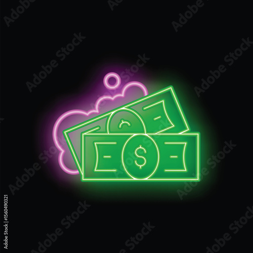 Neon sign illustrating the concept of money vanishing with green banknotes evaporating into purple smoke