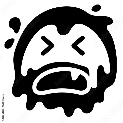 Melted Emoticon Face, Black and White Vector Illustration