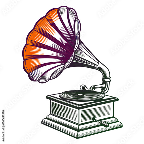Vintage Gramophone with Detailed Horn Design for Music Blogs, Retro Art Websites, Home Decor, and Nostalgic Product Promotions  