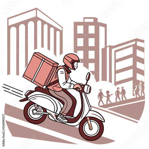 Illustration of a delivery person riding a scooter with a delivery box in a city with pedestrians and buildings