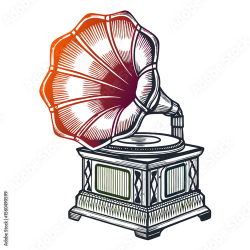 Vintage Gramophone Illustration Design with Decorative Details for Music Blogs, Retro Aesthetics, Art Projects, and Creative Websites  