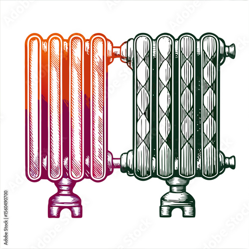 Vintage Radiator Illustration in Colorful Style for Home Comfort Blogs, Interior Design Websites, Heating Solutions, DIY Projects, and Energy Efficiency Content  