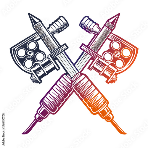 Tattoo Equipment with Crossed Tattoo Machines in Vintage Style for Tattoo Blogs, Art Education, Graphic Design, and Body Art Awareness  