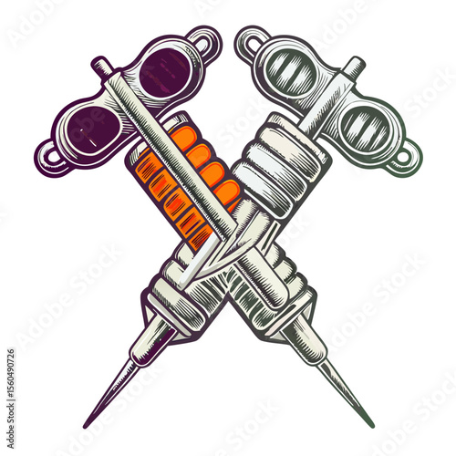Tattoo Machines Crossed in Artistic Style for Tattoo Artist Websites, Body Art Blogs, Creative Design Content, and Tattoo Culture Awareness  