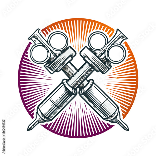Crossed Tattoo Needles and Syringes with Radiant Background for Tattoo Studios, Artistic Creations, Branding, Merchandise, and Creative Design Projects  