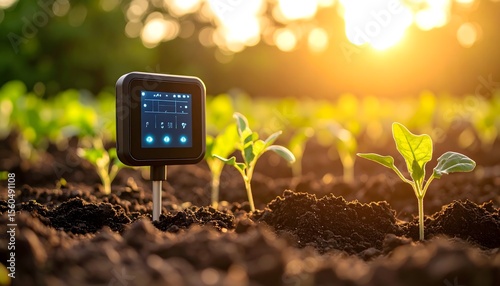 Close-up of a smart soil sensor embedded in nutrient-rich earth with young seedlings sprouting, glowing digital readouts, and a soft bokeh background to highlight precision farming technology.