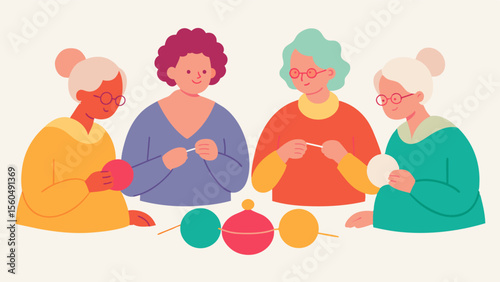 A knitting circle for seniors with needles and yarn clacking away as they create beautiful and intricate designs to sharpen their motor skills and maintain dexterity in their. Vector illustration