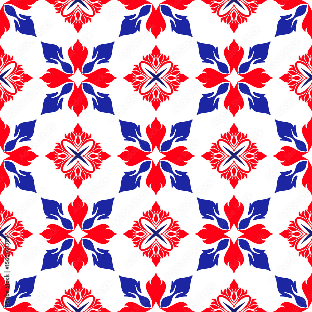 Fototapeta premium Geometric Pattern Quilt Design - Red Blue White Star Pattern Vector - American Patriotic Geometric Pattern Seamless Tile Background for Quilting Fabric Textile Print