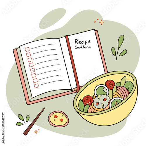 Illustration of a recipe cookbook with a checklist and a salad bowl on a light green background art