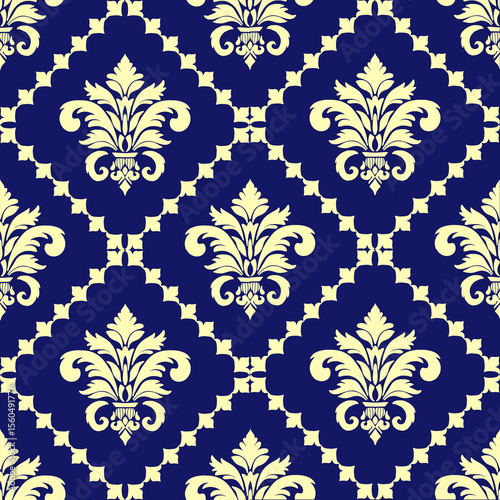 
Damask Pattern Vector Design - Navy Blue Gold Damask Pattern Seamless - Royal Baroque Damask Pattern Background for Wallpaper Fabric Textile Print Design