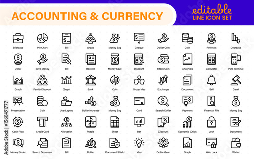 Set of line icons related to accounting, audit, and taxes. Outline icon collection. Business symbols.Income set. Containing money, tax, earnings, payment, paycheck, work, pension, and wages icons.