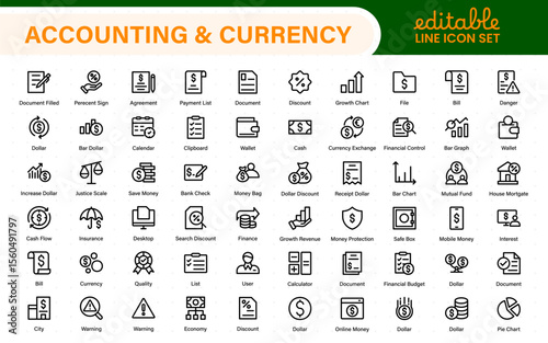 Set of line icons related to accounting, audit, and taxes. Outline icon collection. Business symbols.Income set. Containing money, tax, earnings, payment, paycheck, work, pension, and wages icons.