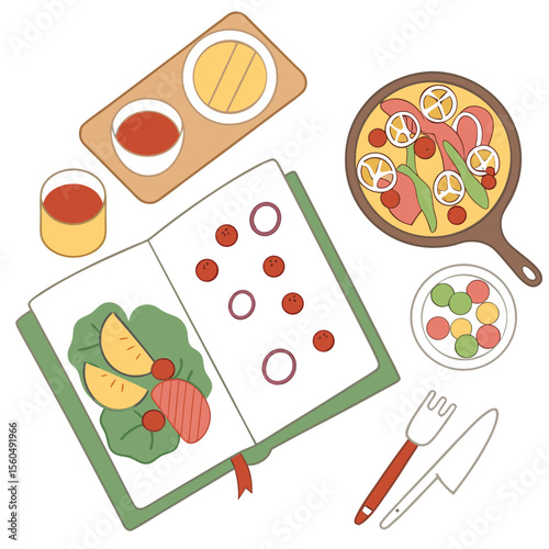 Overhead view of a cookbook open to a salad recipe next to prepared food and utensils on a white surface