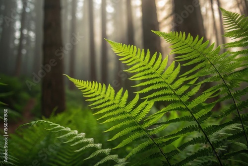 Lush Ferns in Serene Forest with Misty Atmosphere and Sunlight