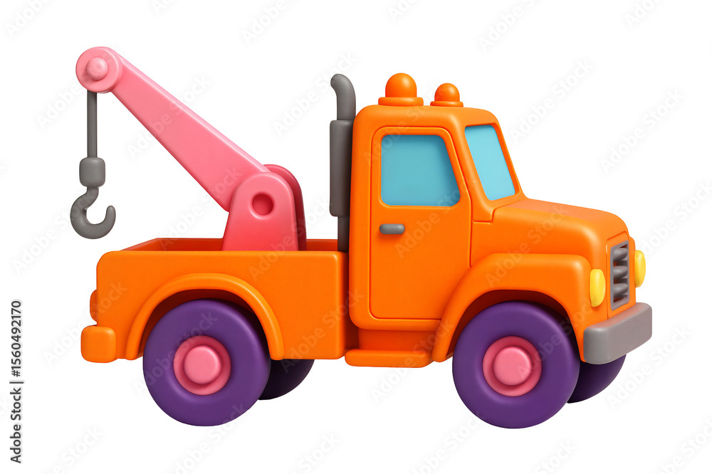 Fototapeta premium A colorful toy tow truck with an orange body, pink crane, and purple wheels on a black background