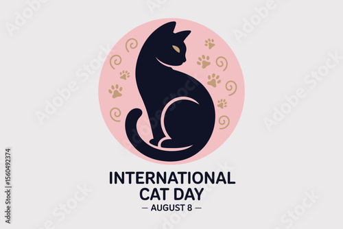 Minimalist black cat silhouette in round badge style for august 8 international cat day vector illustration  