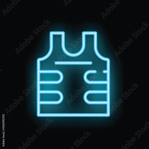 This bright glowing blue neon bulletproof vest icon is set against a black background