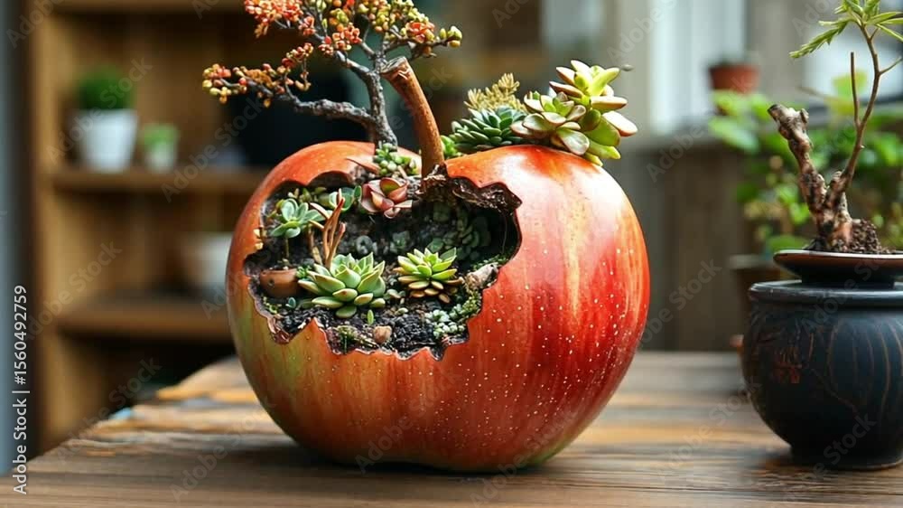 A decorative succulent planter in the shape of a cracked apple
