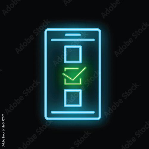 Neon smartphone is displaying a mobile voting app with a green check mark icon