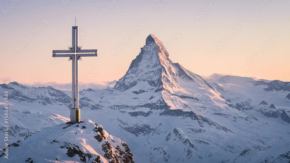Majestic Matterhorn peak view with cross on snowy ridge in Zermatt at sunrise
