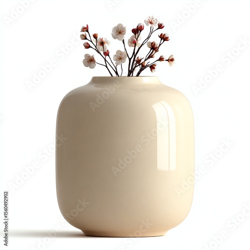 A minimalist beige ceramic vase holds delicate branches with white and pink blossoms on a white background.