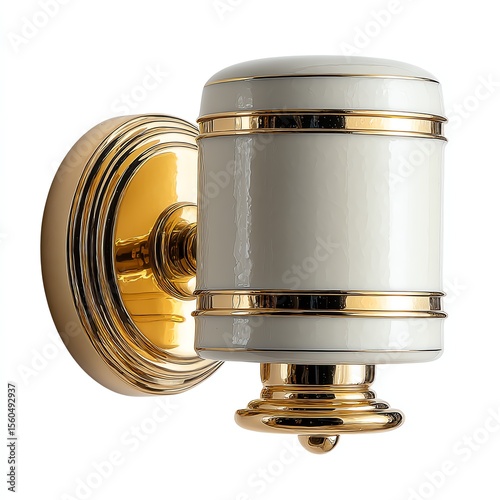 A polished gold and white wall-mounted sconce light fixture with a classic, elegant design.
