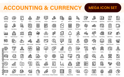 Set of line icons related to accounting, audit, and taxes. Outline icon collection. Business symbols.Income set. Containing money, tax, earnings, payment, paycheck, work, pension, and wages icons.